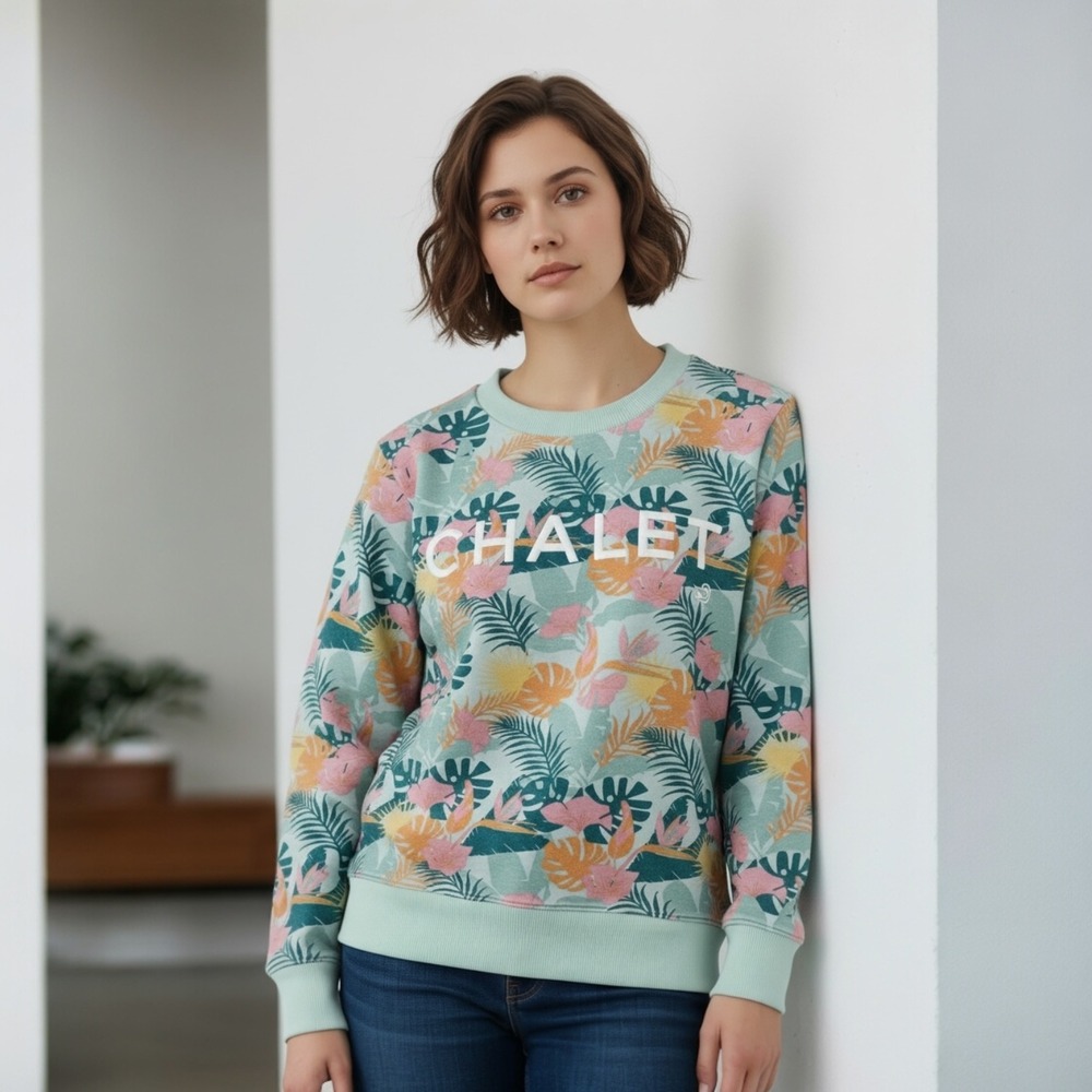 Birdz Sweatshirt Womens Small Mint Green Tropical Floral Cotton Blend